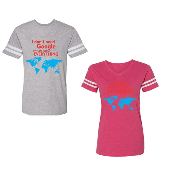 I Don' T Need Google My Wife knows Everything I 'm Google Unisex Couple Matching Cotton Jersey style T-Shirt Contrasting stripes on sleeves (Men Heather / Women Pink) (Men XXXL / Women XXL)