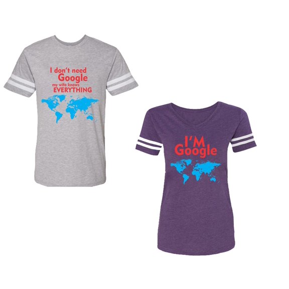 I Don' T Need Google My Wife knows Everything I 'm Google Unisex Couple Matching Cotton Jersey style T-Shirt Contrasting stripes on sleeves (Men Heather / Women Purple) (Men L / Women L)