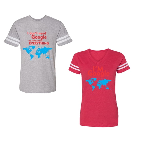 I Don' T Need Google My Wife knows Everything I 'm Google Unisex Couple Matching Cotton Jersey style T-Shirt Contrasting stripes on sleeves (Men Heather / Women Red) (Men S / Women S)