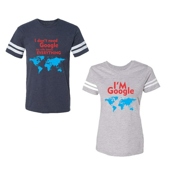 I Don' T Need Google My Wife knows Everything I 'm Google Unisex Couple Matching Cotton Jersey style T-Shirt Contrasting stripes on sleeves (Men Navy / Women Heather) (Men XL / Women XL)