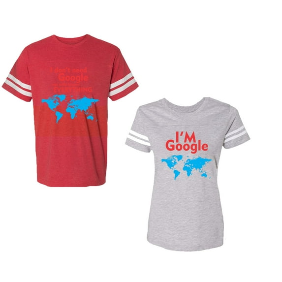 I Don' T Need Google My Wife knows Everything I 'm Google Unisex Couple Matching Cotton Jersey style T-Shirt Contrasting stripes on sleeves (Men Red / Women Heather) (Men L / Women XXL)