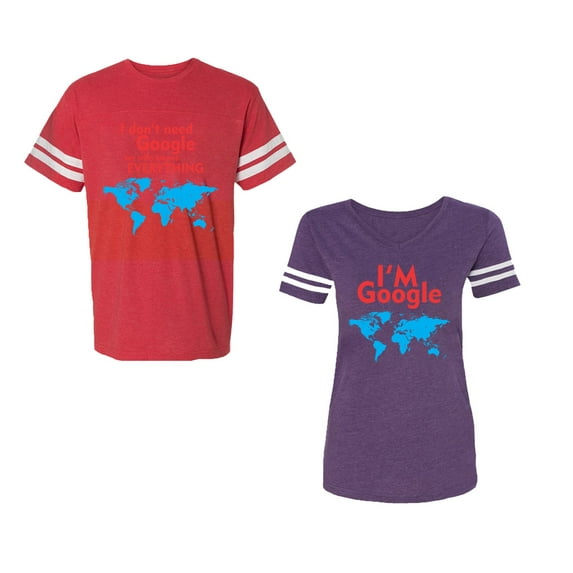 I Don' T Need Google My Wife knows Everything I 'm Google Unisex Couple Matching Cotton Jersey style T-Shirt Contrasting stripes on sleeves (Men Red / Women Purple) (Men L / Women XXL)