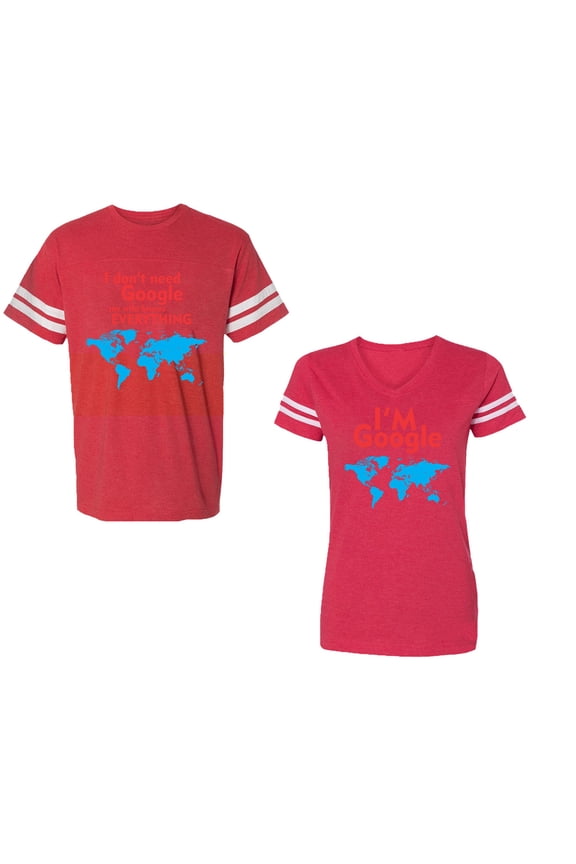 I Don' T Need Google My Wife knows Everything I 'm Google Unisex Couple Matching Cotton Jersey style T-Shirt Contrasting stripes on sleeves (Men Red / Women Red) (Men XXL / Women M)