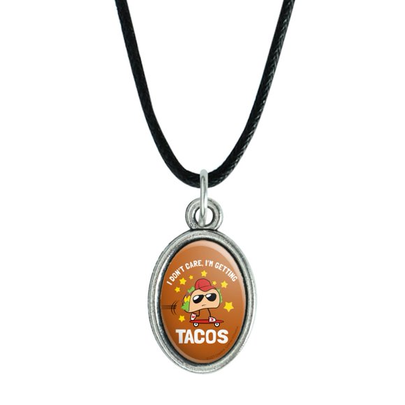 I Don't Care I'm Getting Tacos Skateboard Funny Humor Antiqued Oval Charm Pendant with Black Satin Cord