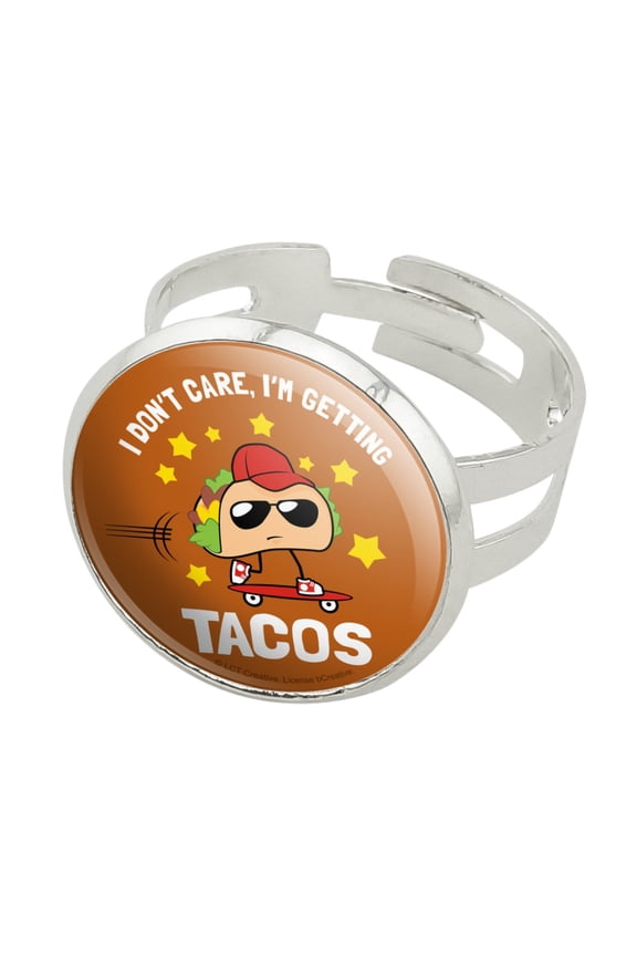 I Don't Care I'm Getting Tacos Skateboard Funny Humor Silver Plated Adjustable Novelty Ring