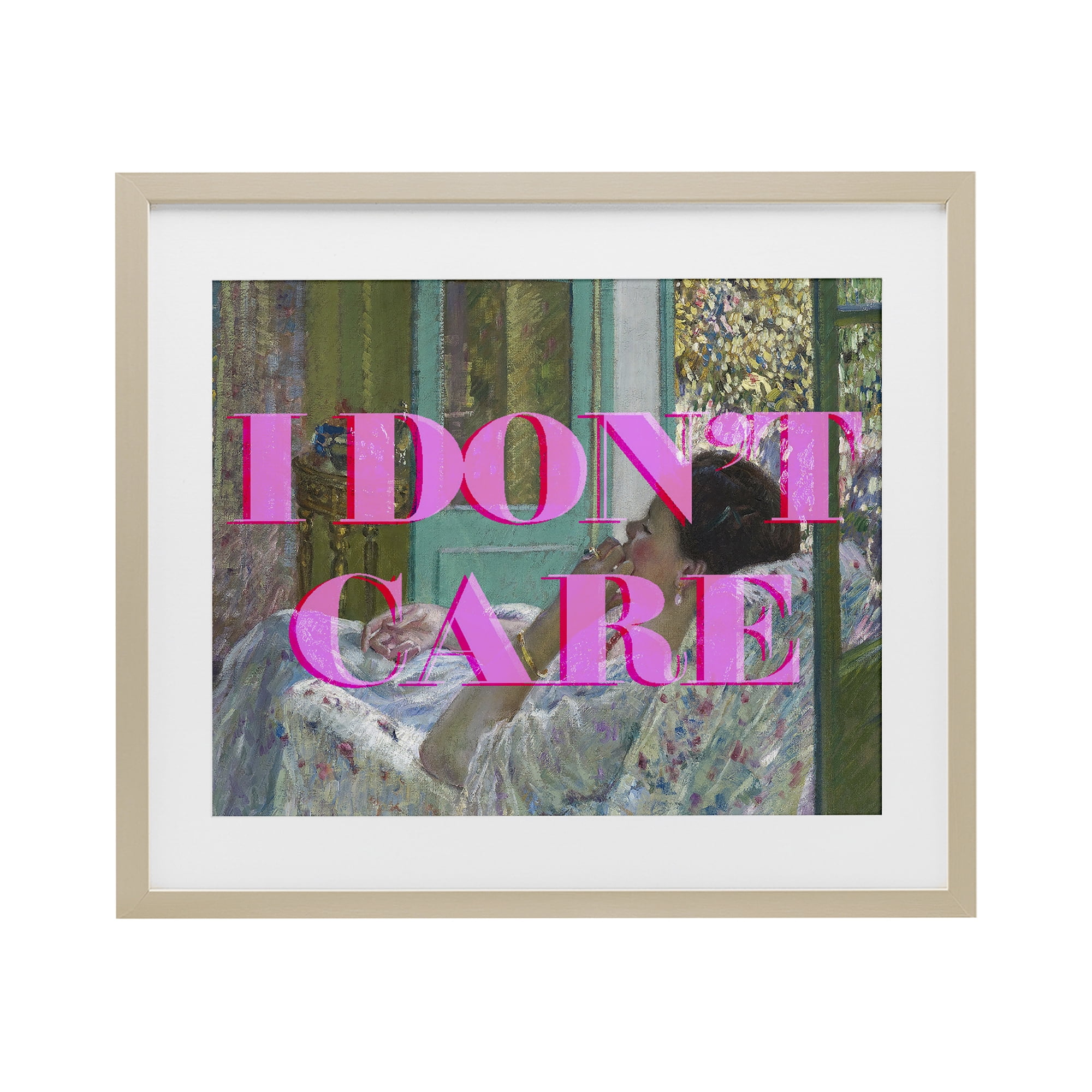 I Don't Care over Classic Painting Birch Framed Print Under Glass, design by Lil' Rue