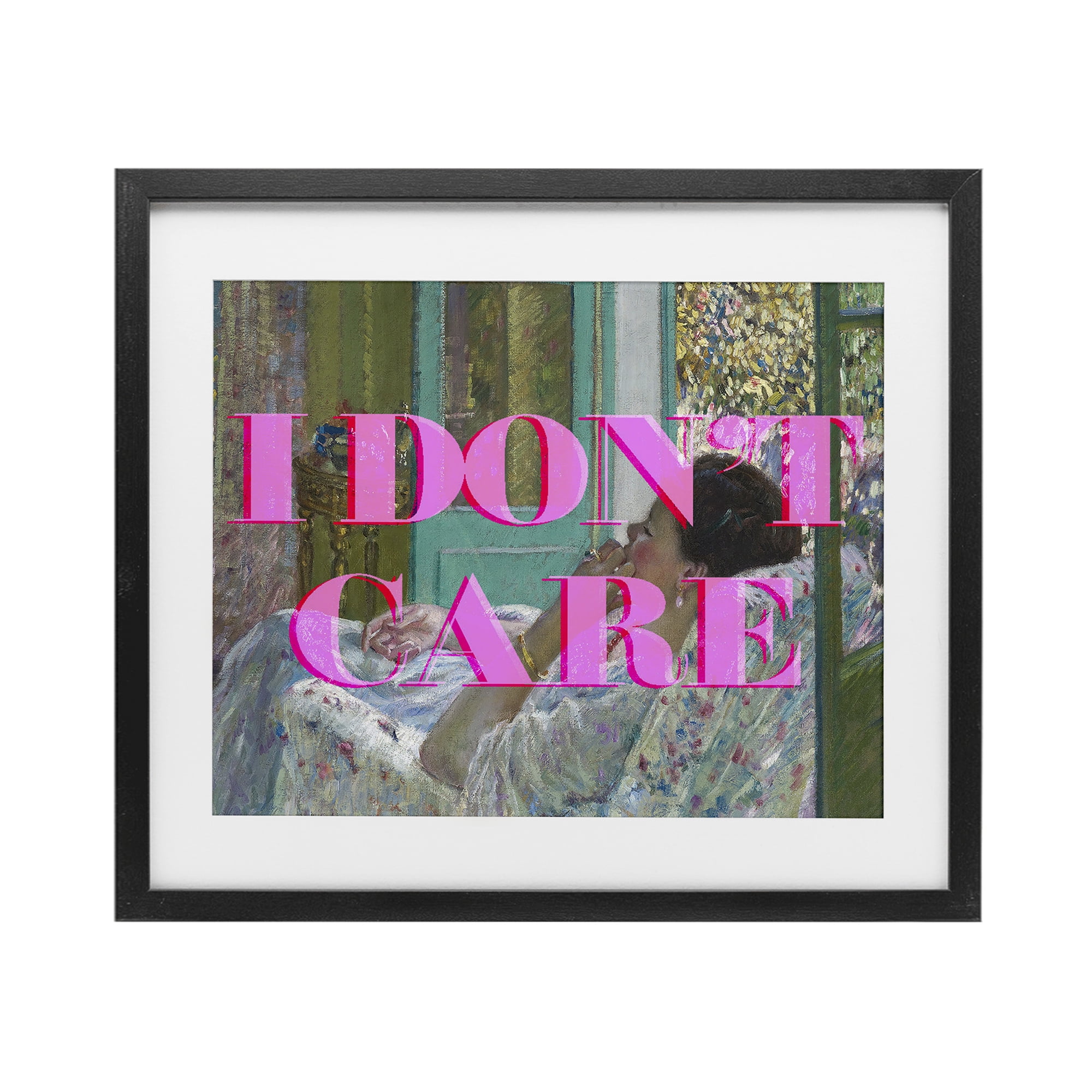 I Don't Care over Classic Painting Black Framed Print Under Glass, design by Lil' Rue
