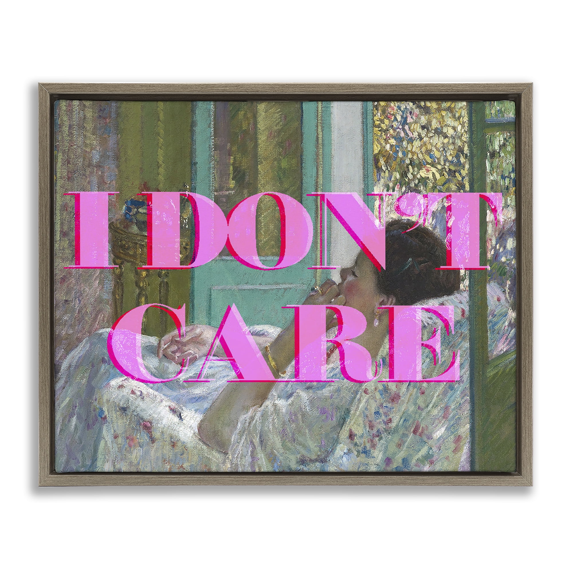 I Don't Care over Classic Painting Brown Framed Floater Canvas Wall Art, design by Lil' Rue