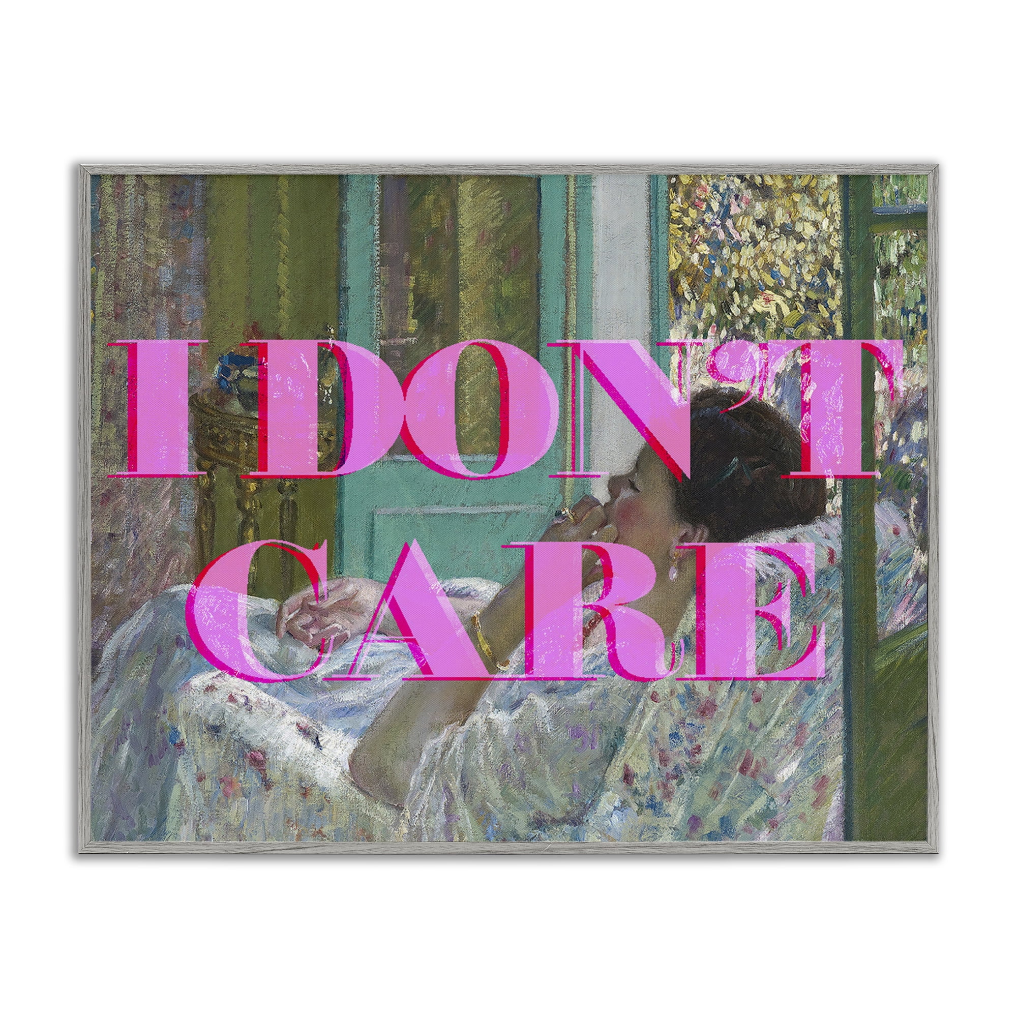 I Don't Care over Classic Painting Gray Framed Giclee Art, design by Lil' Rue
