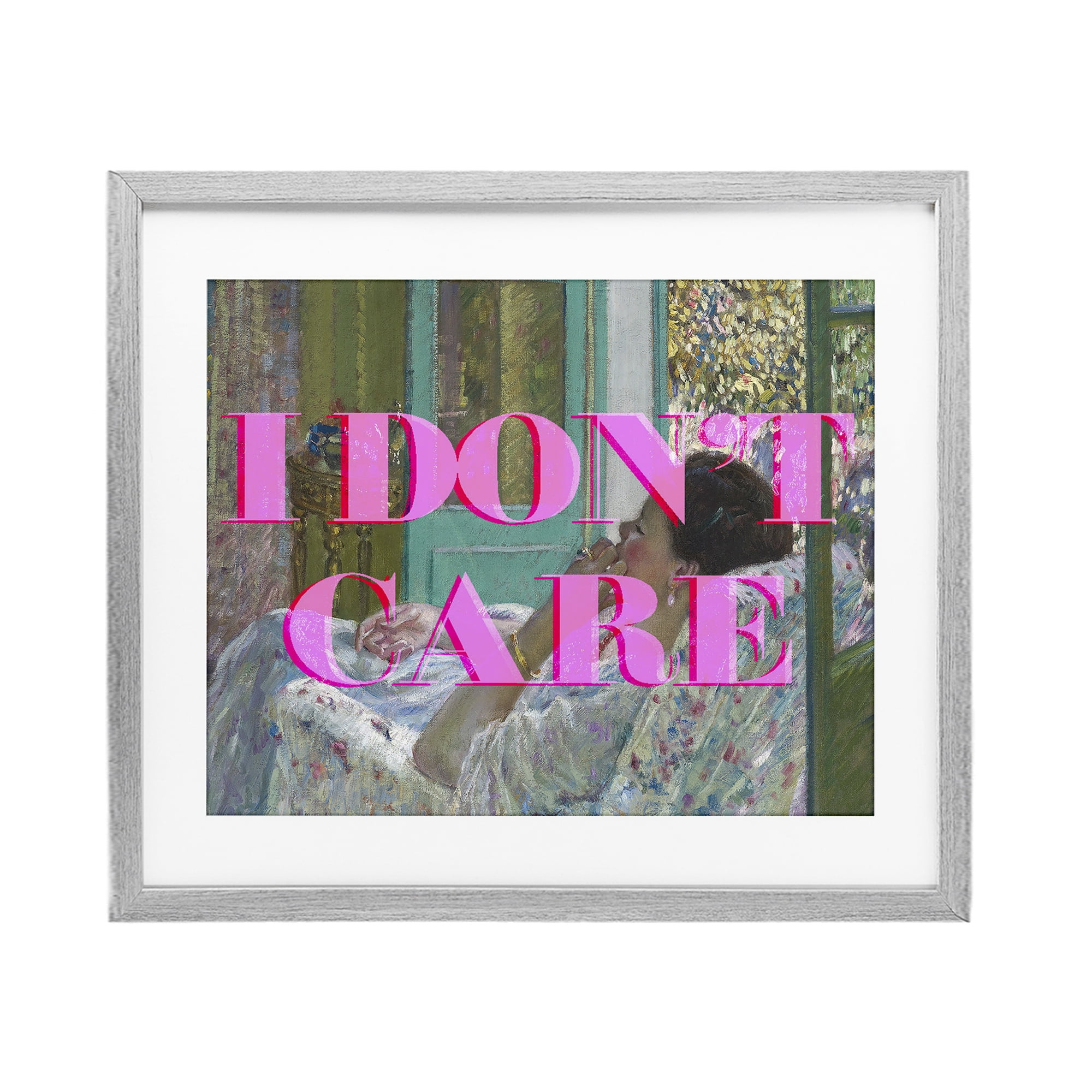 I Don't Care over Classic Painting Gray Framed Print Under Glass, design by Lil' Rue