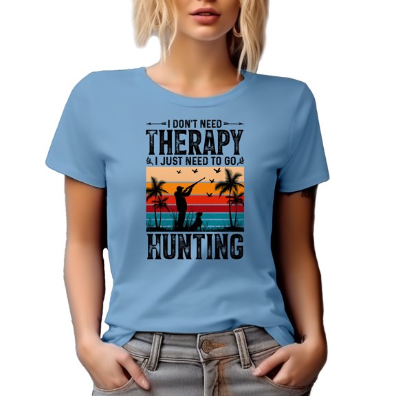 I Don't Need Therapy I Just Need to Go Hunting, Retro Hunter with a Dog, Baby Blue T-Shirt, Small