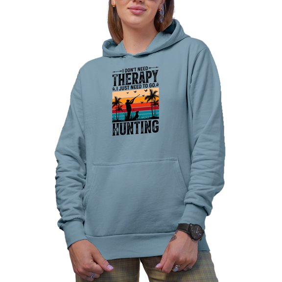 I Don't Need Therapy I Just Need to Go Hunting, Retro Hunter with a Dog, Light Blue Hooded Sweatshirt or Hoodie, Medium