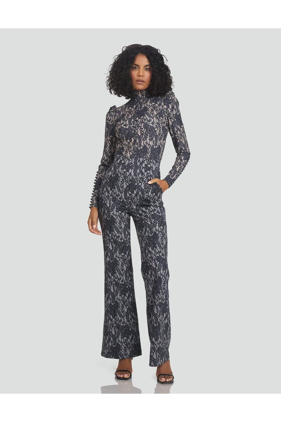 Mock-Neck Puff-Shoulder Printed Lace Athleisure Black, I Don't Jumpsuit (Women's)