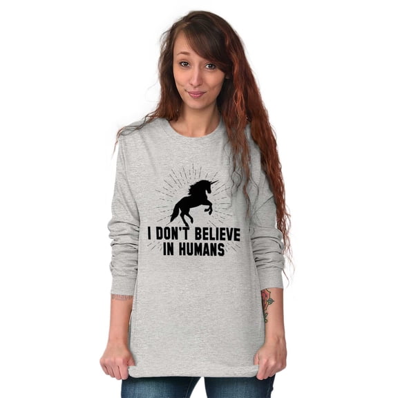 I Dont Believe in Humans Unicorn Women Plus Size Long Sleeve Graphic Tee Brisco Brands 3X