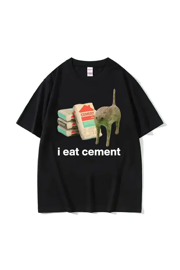 I Eat Cement Cursed Cat Funny Meme T Shirt Women's Fashion Humor Short Sleeve T Shirts Male High Quality Cotton T-shirt Tops