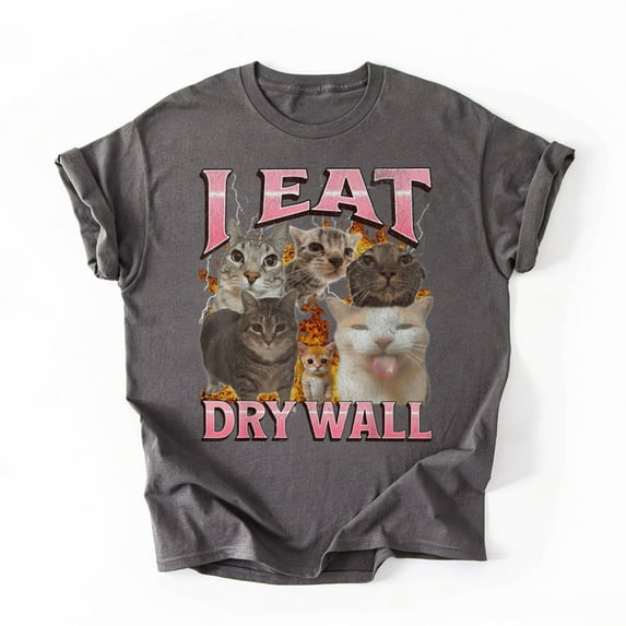 I Eat Cement Funny Cat Meme Bootleg Graphic T-Shirt, Multicolors, Size S-5XL