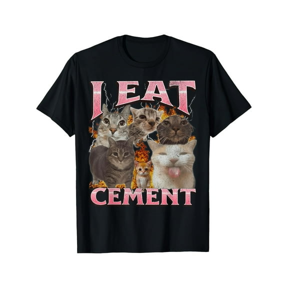I Eat Cement Funny Cat Meme Graphic T-Shirt - Black Casual Short Sleeve Tee with Bold Pink Text & 4 Playful Cats Design S-5XL  100 Percent Cotton Round Neck Top Playful Cat Meme Design Casual Short S