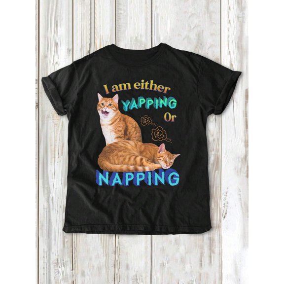 I Either Meow Or Nap Like A Cat Funny Cat Graphic Print Women Round Neck T-Shirt, For Spring