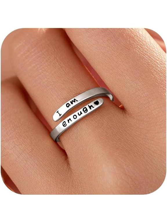 I am Enough Rings for Women, Sterling Silver Plated Inspirational Mantra Statement Open Ring for Men 14k Gold Plated Faith Over Fear Wrap Encouragement Adjustable Ring to Daughter