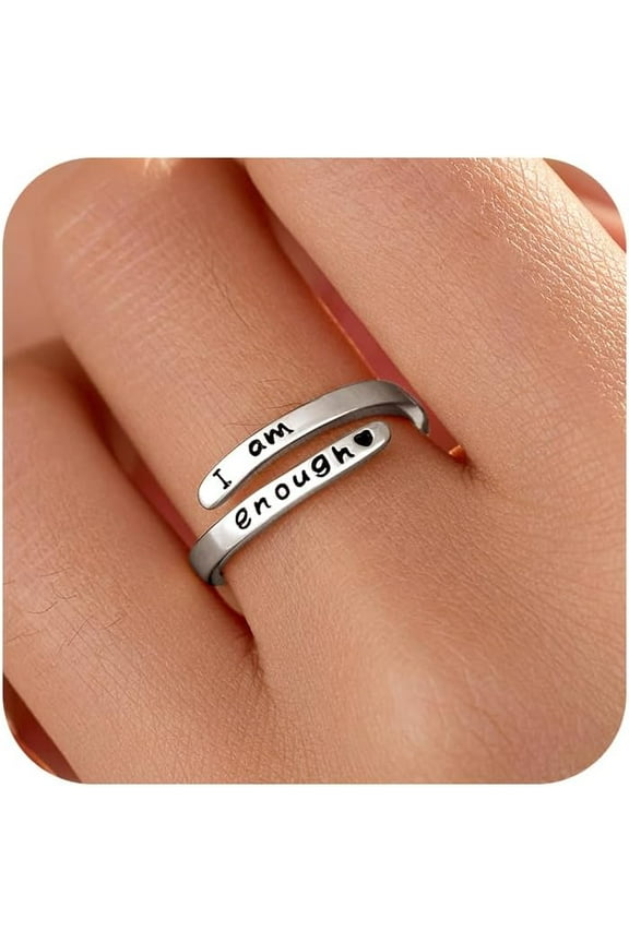I am Enough Rings for Women, 925 Sterling Silver Inspirational Mantra Statement Open Ring for Men 14k Gold Plated Faith Over Fear Wrap Encouragement Adjustable Ring to Daughter