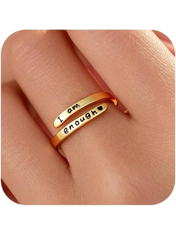 I am Enough Rings for Women, Sterling Silver Plated Inspirational Mantra Statement Open Ring for Men 14k Gold Plated Faith Over Fear Wrap Encouragement Adjustable Ring to Daughter