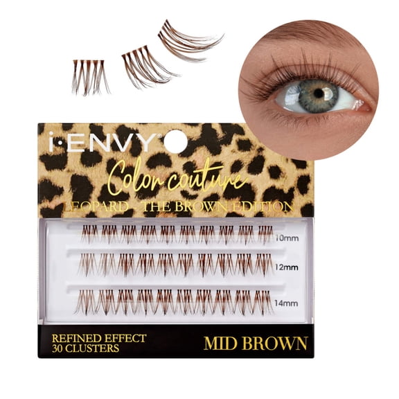 I-Envy Color Couture Leopard - The Brown Edition, 30 Faux Mink Lash Clusters, Thin Band, Customizable, Long-Lasting, Natural Look DIY Color Eyelash Extensions, Cruelty-Free, Vegan (Mid Brown)