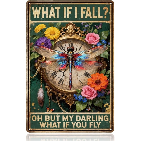 What If I Fall Dragonfly Garden Vintage Metal Tin Sign, 12x8 Inch Dragonfly Clock Retro Art Sign Funny Bohemian Theme Decor Gifts Plaque for Restaurant Garage Bar Cafe Pubs Shop Home Wall Poster