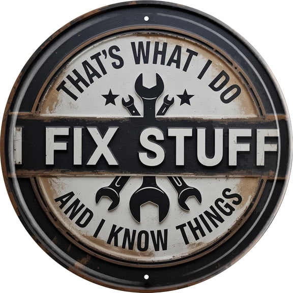 I Fix Stuff Know Things Metal Sign 8x8in Round Handyman Plaque for Workshop Wall Decor Repair Gift