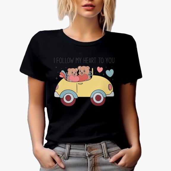 I Follow My Heart to You & Bear Lovers in a Car, Valentine's Day Gift, Black T-Shirt, Small