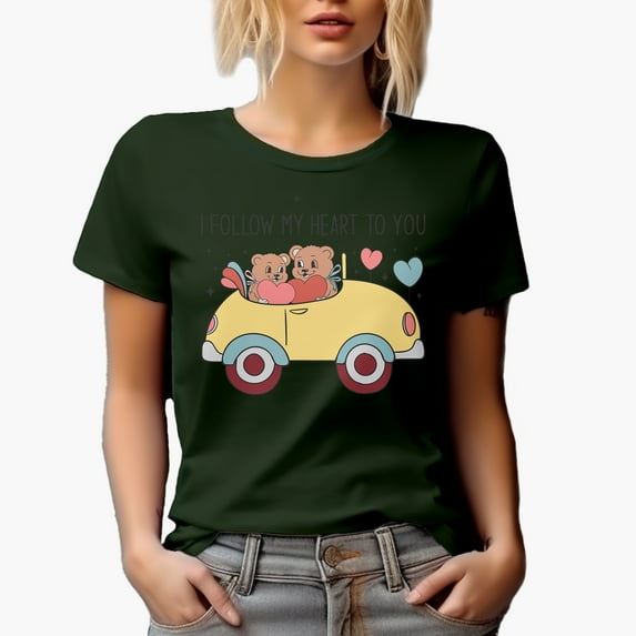 I Follow My Heart to You & Bear Lovers in a Car, Valentine's Day Gift, Military Green T-Shirt, XL