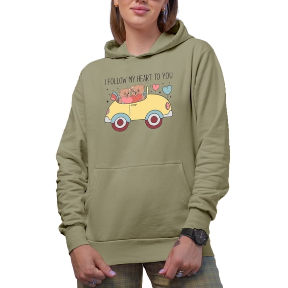 I Follow My Heart to You with Bear Lovers in a Car, Valentine's Day Gift, Sand Hooded Sweatshirt or Hoodie, XL