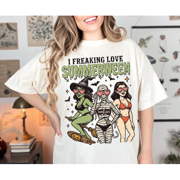 I Freaking Love Summerween TShirt, Trendy Spooky Beach Girls TShirt, Funny Halloween Shirt, Summer Witches Mummy Vampire Bikini Retro Humor TShirt