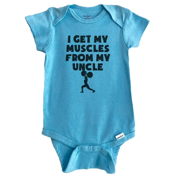 I Get My Muscles From My Uncle Baby Bodysuit (Blue), 0-3 Months