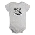 thumbnail image 1 of I Get Us Into Trouble Triplets Baby Romper Newborn Funny Bodysuits Infant Jumpsuits Kids Clothes Graphic Outfits, 1 of 5
