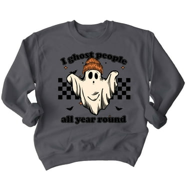I Ghost People All Year Funny Halloween Skater Crewneck Sweatshirt, M, Charcoal