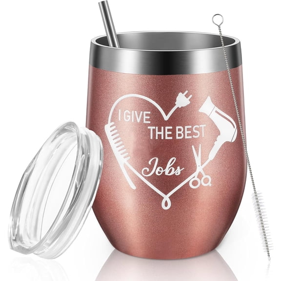 I Give the Best Jobs Wine Tumbler, Hairdresser Barber Unique Cosmetology Hairstylist Funny Gift for Women Sisters Friend Rose Gold Stainless Steel Wine Tumbler with Lid Straw 12 oz