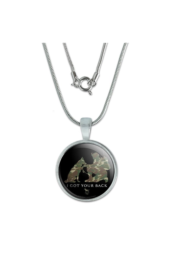 I Got Your Back Soldier and German Shepherd Dog Camo 0.75" Pendant with Sterling Silver Plated Chain