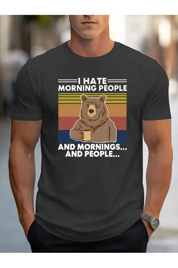 I HATE MORNING PEOPLE Cartoon Bear Pattern Men's Casual Short Sleeve Round Neck-Shirt, Summer Outdoor