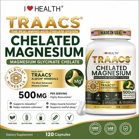 I HEALTH Chelated Magnesium 500mg Magnesium Glycinate Chelate with Albion TRAACS The Most Advanced Mineral Chelate for Superior Absorption Supports Calmness, Restful Sleep & Healthy Muscles