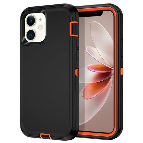 I-HONVA Compatible with iPhone 12/iPhone 12 Pro Case,3-Layer Military Grade Drop Protection Anti-Slip Bumper Rugged Shockproof Dustproof Protection 6.1 inch Phone Case,Black Orange