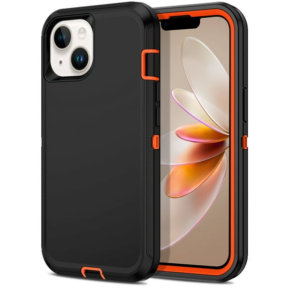 I-HONVA Compatible with iPhone 14 Case,3-Layer Military Grade Drop Protection Anti-Slip Bumper Rugged Shockproof Dustproof Protection 6.1 inch Phone Case,Black Orange