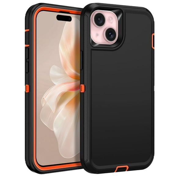 I-HONVA Compatible with iPhone 15 Case,3-Layer Military Grade Drop Protection Anti-Slip Bumper Rugged Shockproof Dustproof Protection 6.1 inch Phone Case,Black Orange