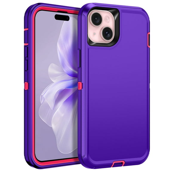 I-HONVA Compatible with iPhone 15 Case,3-Layer Military Grade Drop Protection Anti-Slip Bumper Rugged Shockproof Dustproof Protection 6.1 inch Phone Case,Purple Pink