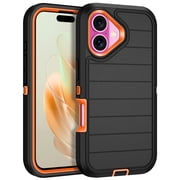 I-HONVA Compatible with iPhone 16 Case,3-Layer Military Grade Drop Protection Anti-Slip Bumper Rugged Shockproof Dustproof Protection 6.1 inch Phone Case,Stripe Black Orange