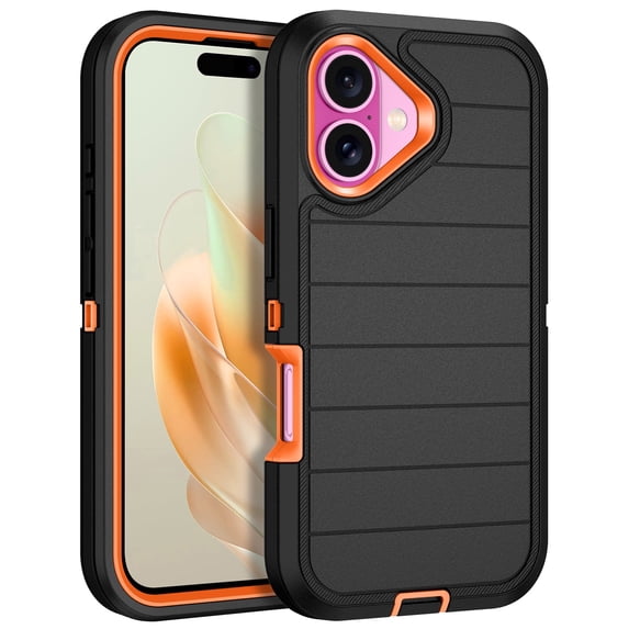 I-HONVA Compatible with iPhone 16 Case,3-Layer Military Grade Drop Protection Anti-Slip Bumper Rugged Shockproof Dustproof Protection 6.1 inch Phone Case,Stripe Black Orange