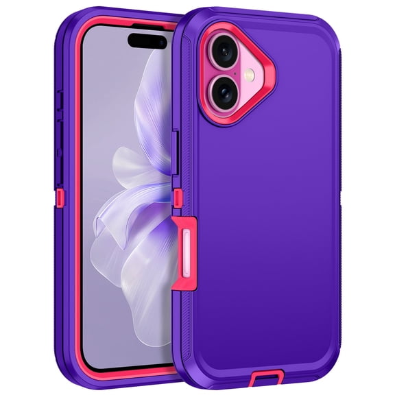 I-HONVA Compatible with iPhone 16 Case,3-Layer Military Grade Drop Protection Anti-Slip Bumper Rugged Shockproof Dustproof Protection 6.1 inch Phone Case,Purple Pink