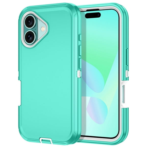 I-HONVA Compatible with iPhone 16 Case,3-Layer Military Grade Drop Protection Anti-Slip Bumper Rugged Shockproof Dustproof Protection 6.1 inch Phone Case,Teal Wihte