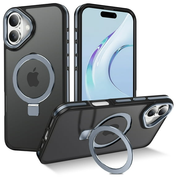 I-HONVA Magnetic Ring Stand Compatible with iPhone 16 Case,Military Drop Protection,Compatible with MagSafe,Matte Translucent Phone Case,Gray