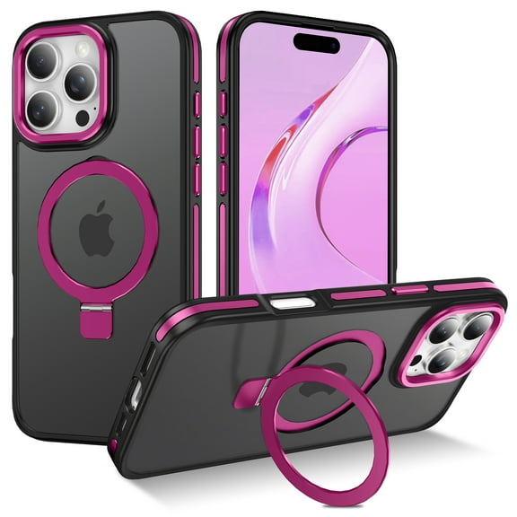 I-HONVA Magnetic Ring Stand Compatible with iPhone 16 Pro Case,Military Drop Protection,Compatible with MagSafe Phone Case,Rose Red