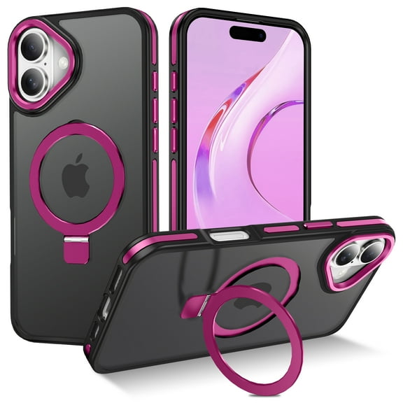 I-HONVA Magnetic Ring Stand Compatible with iPhone 16 Case,Military Drop Protection,Compatible with MagSafe,Matte Translucent Phone Case,Rose Red